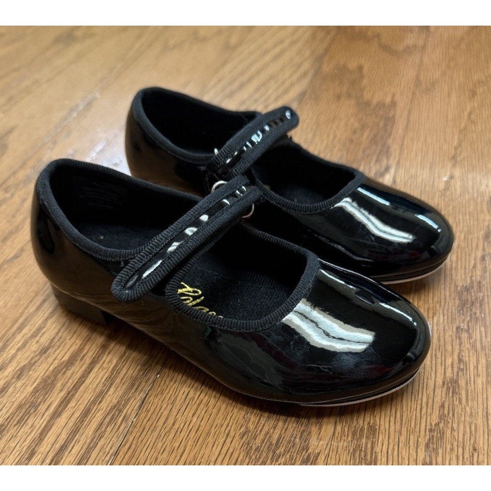 Dance Class Tap Dance Shoes Girls Patent Leather Black Lined Sz 10‎